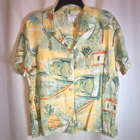 Hot Cotton Tops - Hot Cotton Yellow Tropical Print Short Sleeve Button-Up